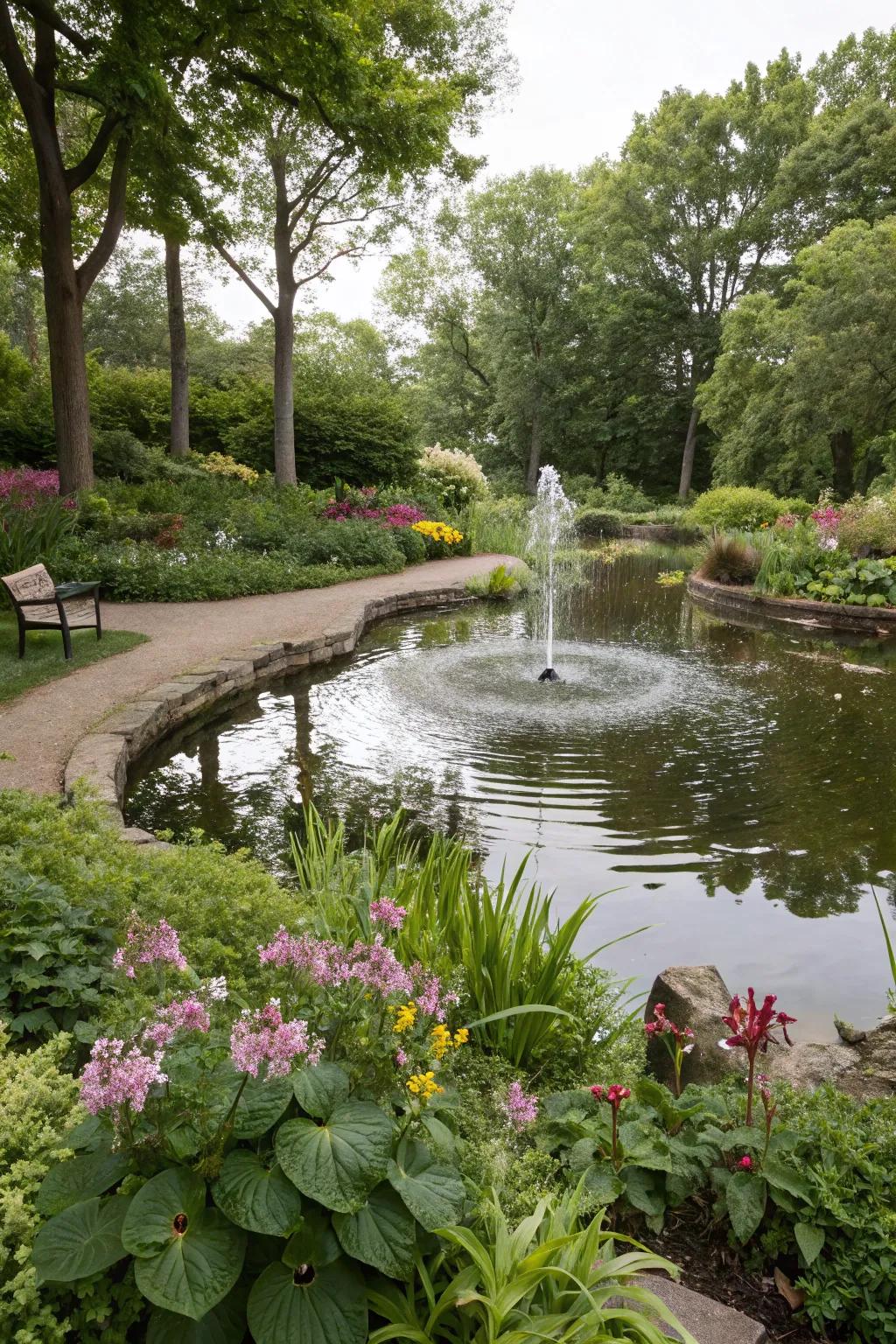 A calming garden with a small pond and fountain.
