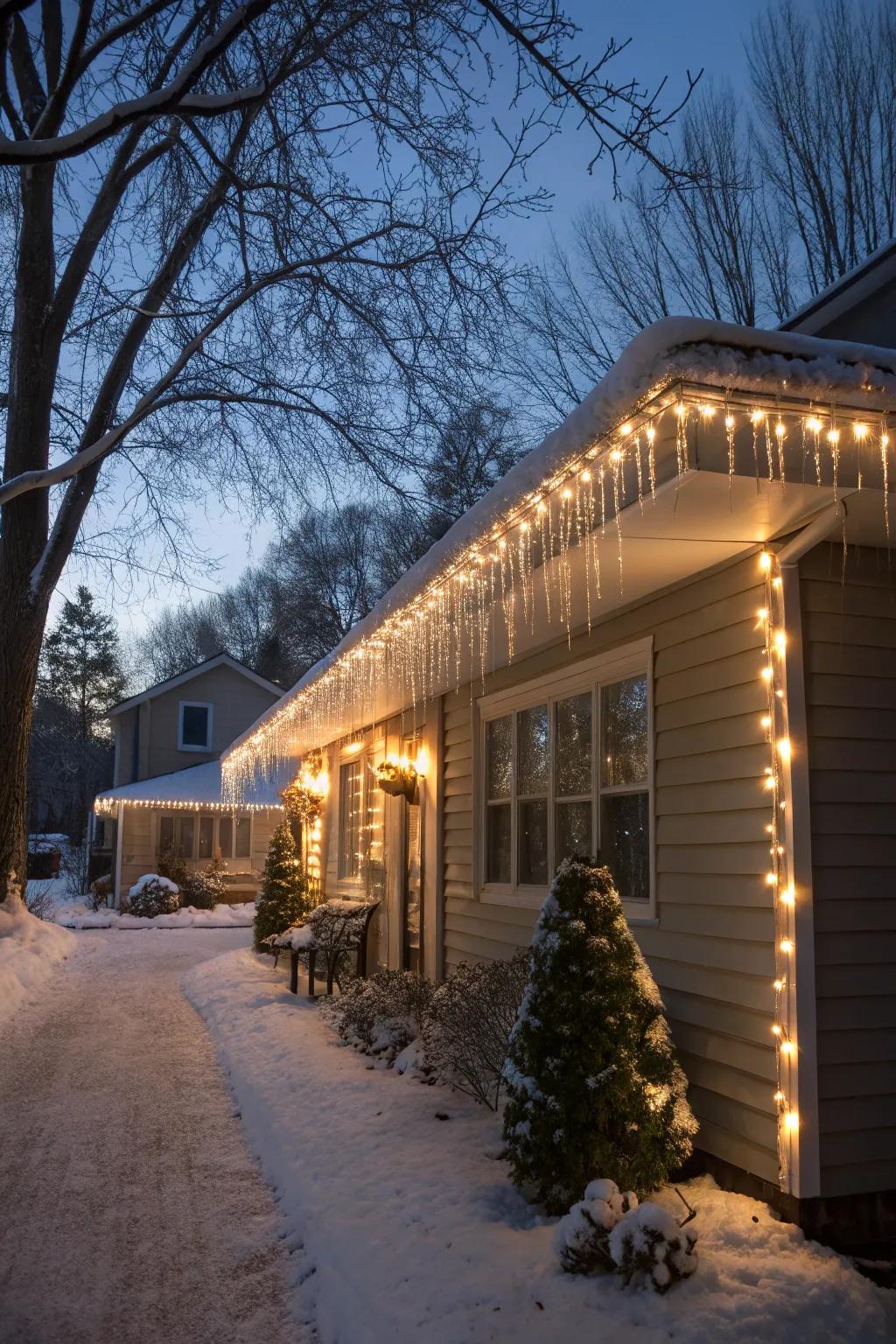Icicle lights add a dramatic wintery feel to your rooflines.