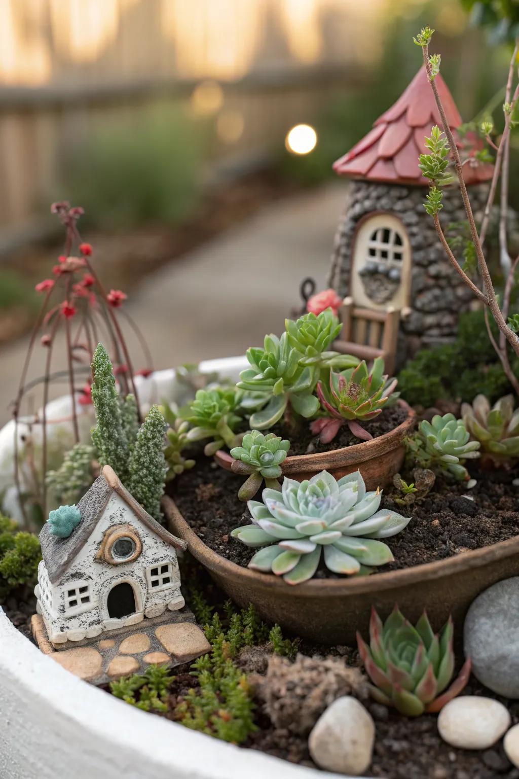 A vibrant collection of miniature succulents in a whimsical garden.