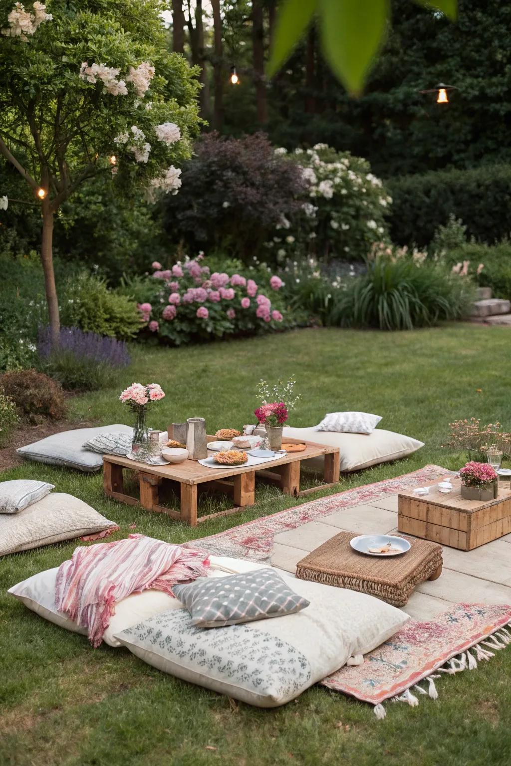 Cozy picnic-style seating with cushions, perfect for a relaxed garden party.
