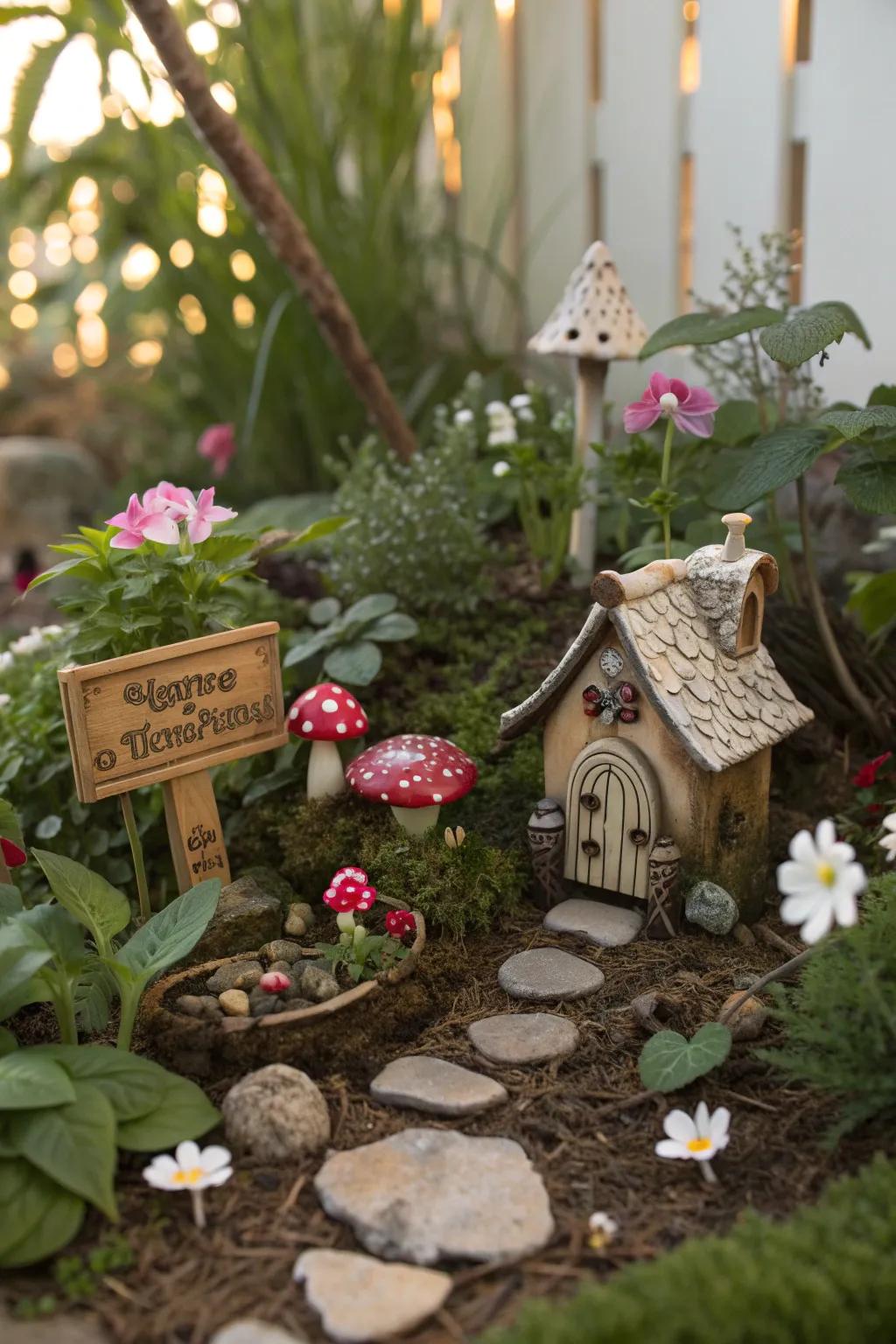 Fairy garden with signs and figurines beautifully integrated among plants.