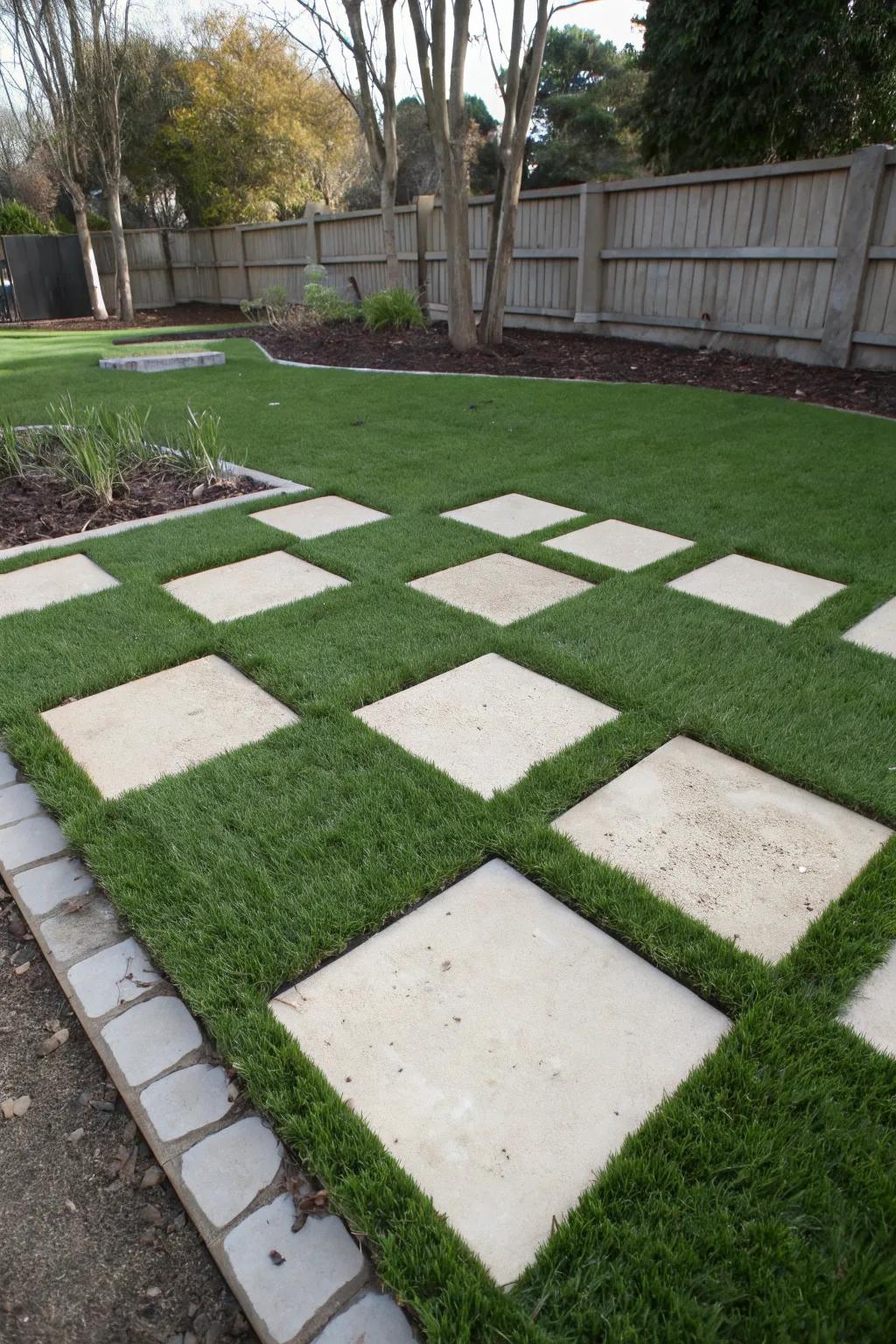 A stylish checkerboard pattern with artificial grass and stone.