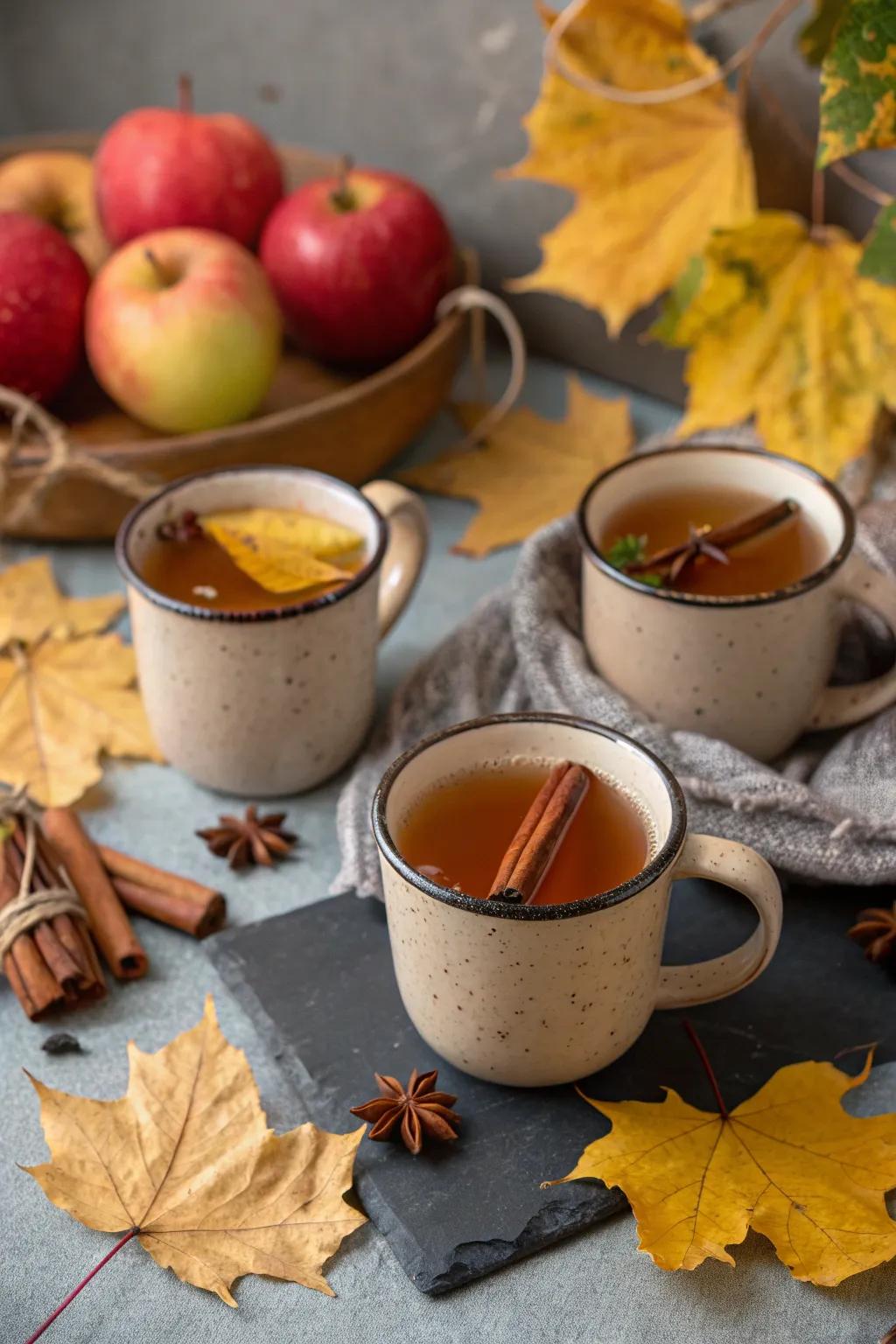 Mugs of spiced apple cider with cinnamon sticks, perfect for a fall evening.