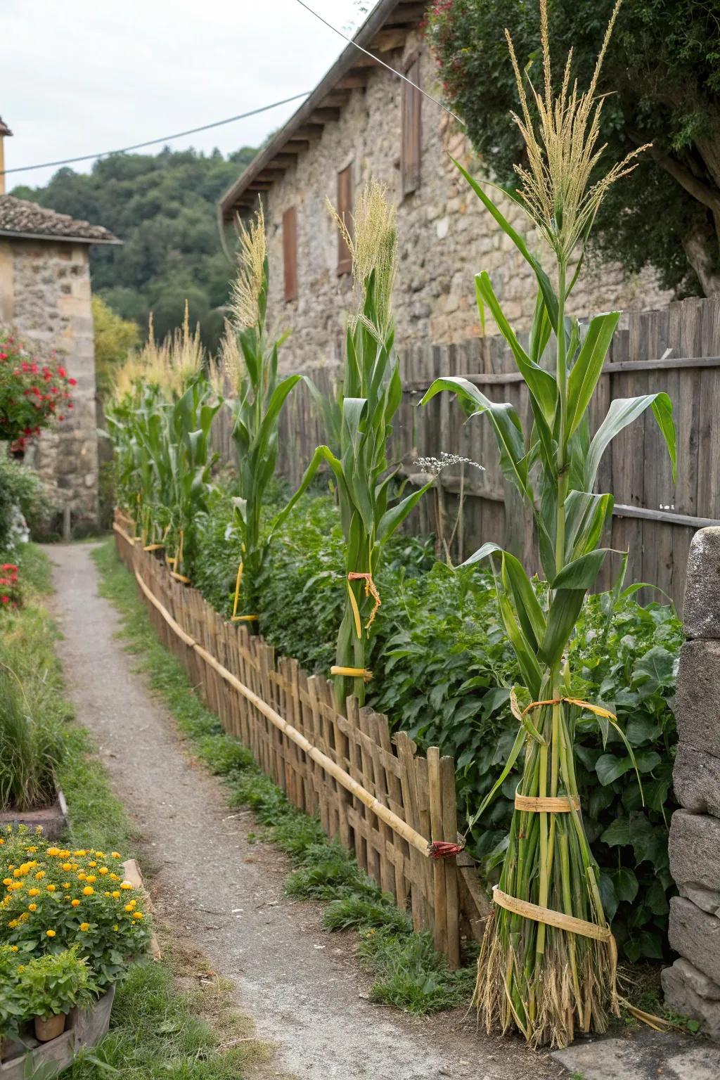 Corn stalks provide height and a rustic farm aesthetic to your garden.