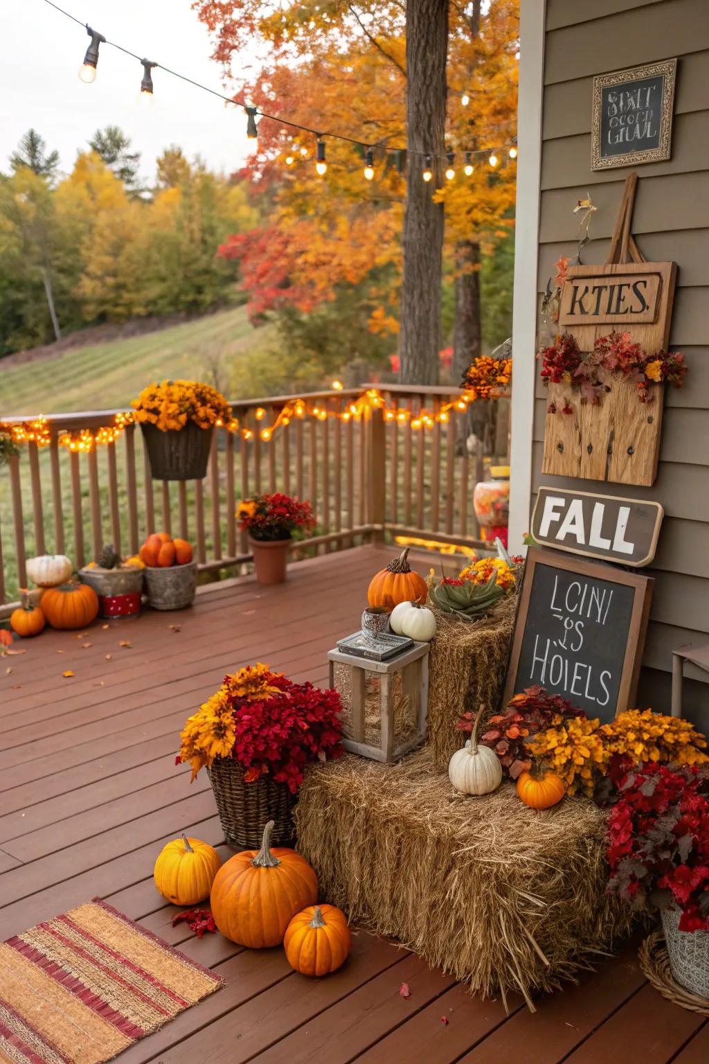 Fall-themed signs add a personal touch to the deck's decor.