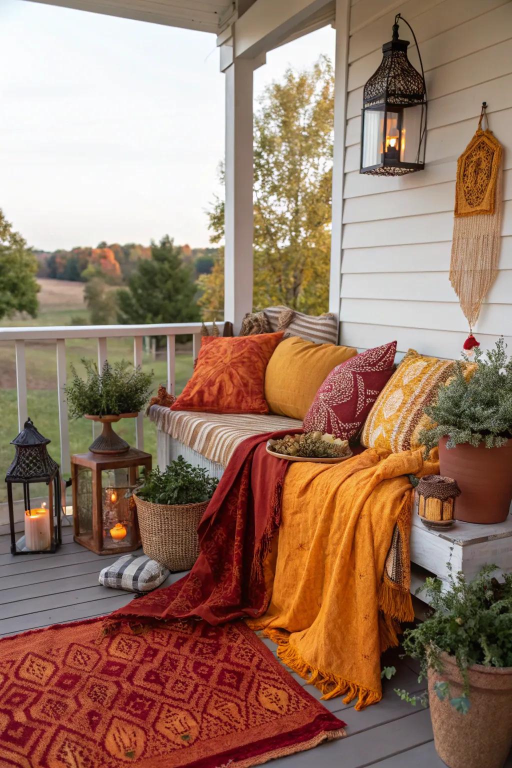 Layered textures in warm hues create a cozy atmosphere.