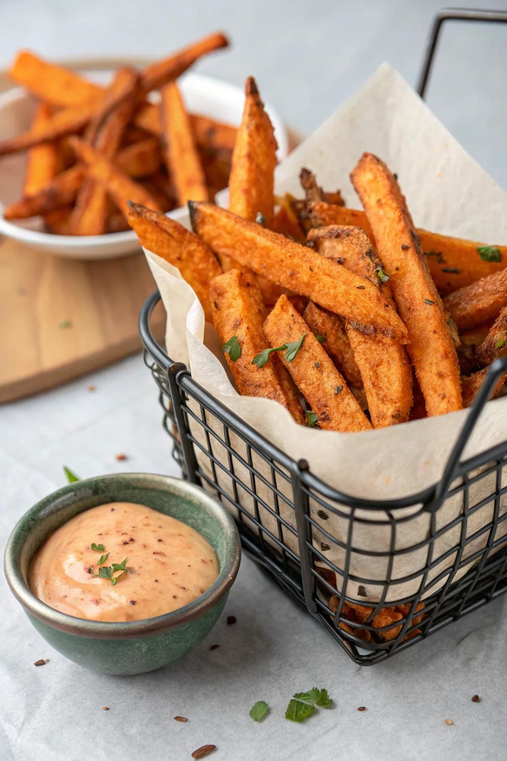 Crispy spiced sweet potato fries, a crowd-pleasing snack.