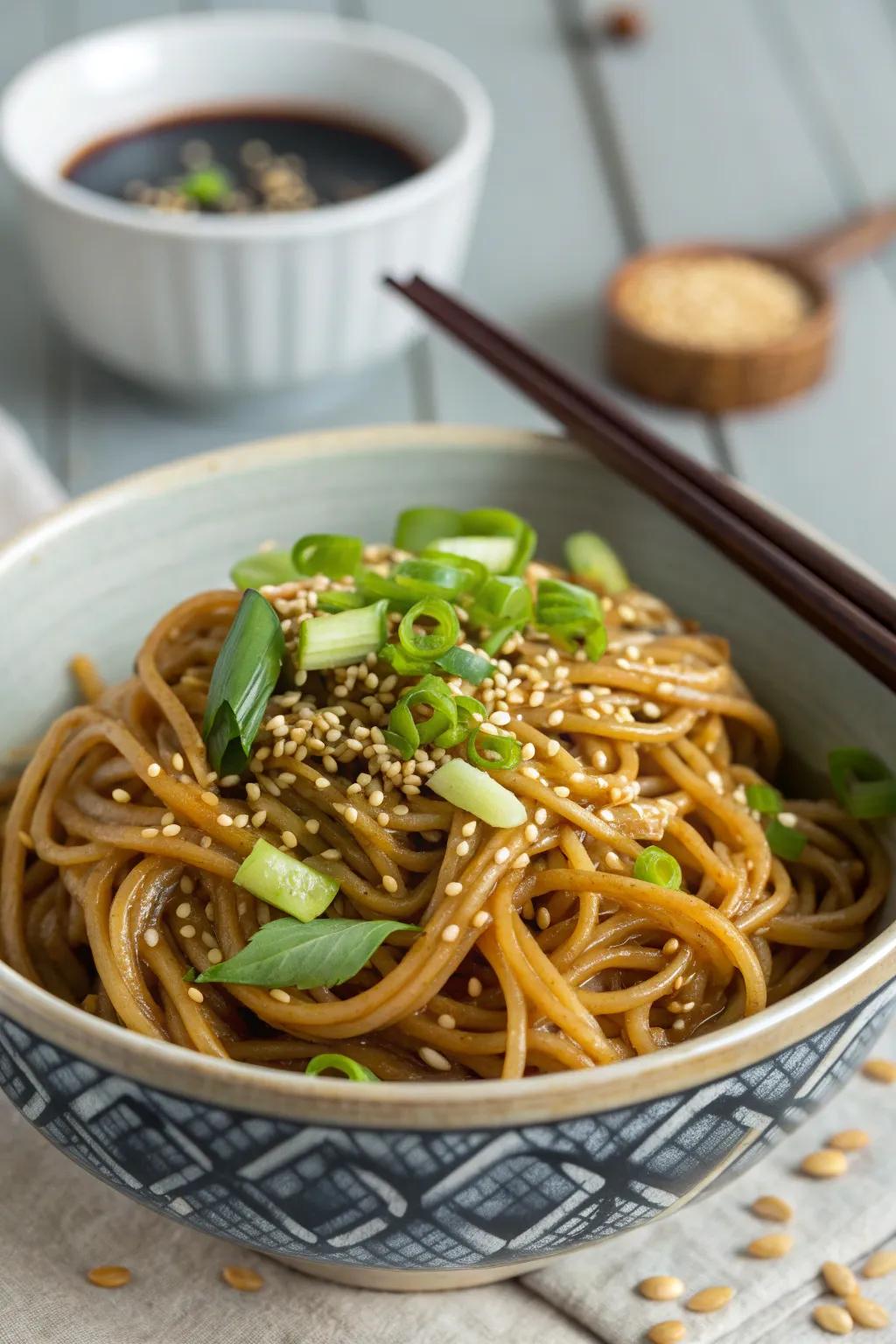 Cold sesame noodles garnished with scallions, perfect for a hearty picnic dish.