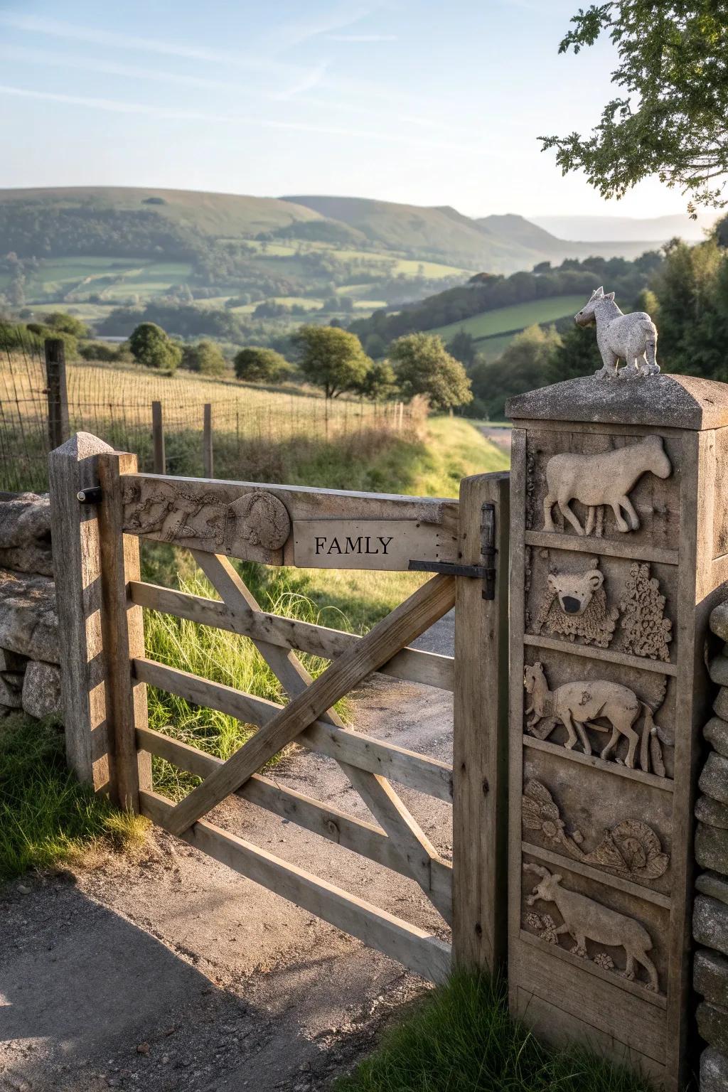A personalized carved gate that tells a family story.