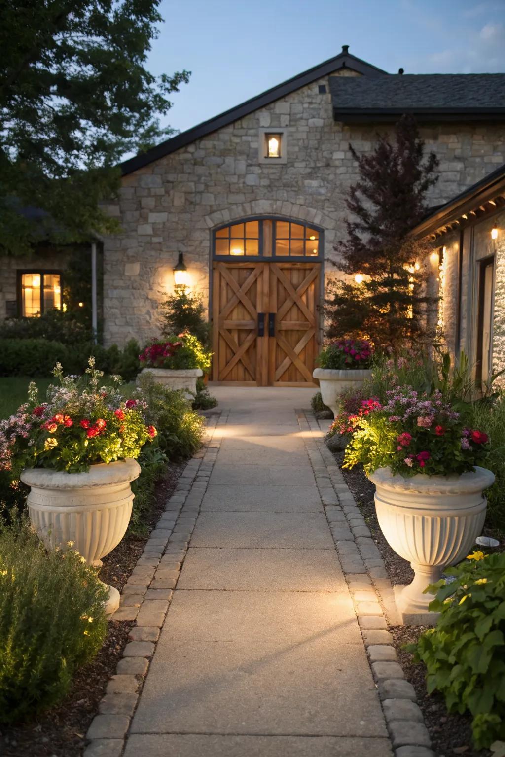 Symmetrical design elements create a balanced and inviting entrance.