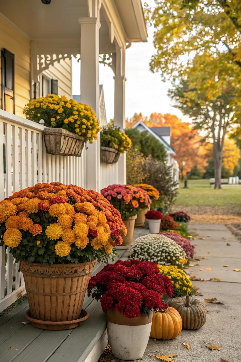 Bright mums bring a burst of color to this fall porch.