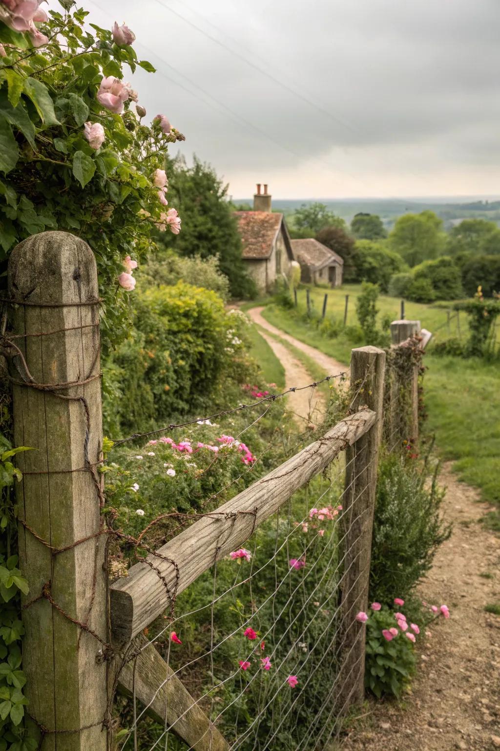 Wire and wood combine for a durable and stylish fence.