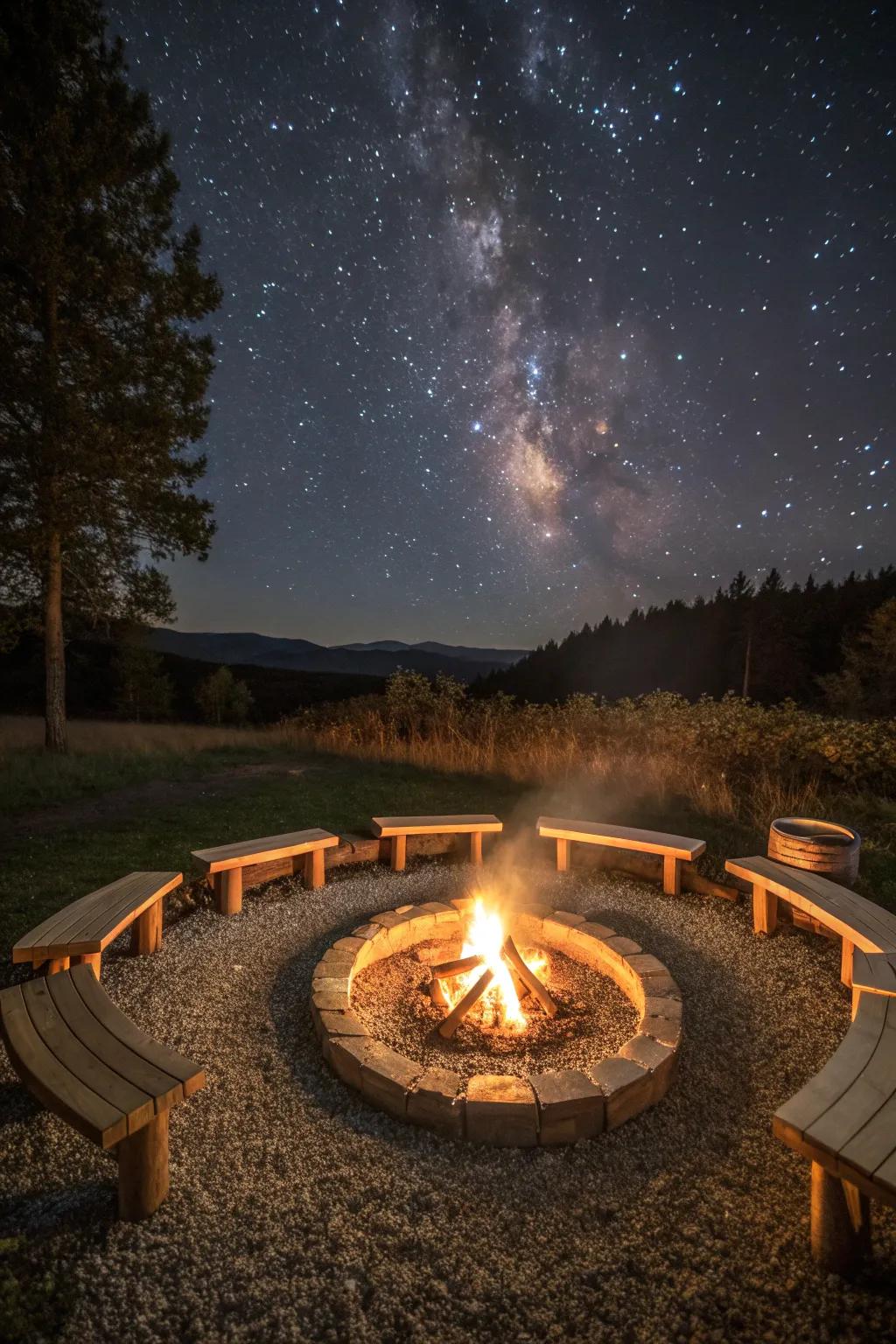 A fire pit with a rustic gravel base.