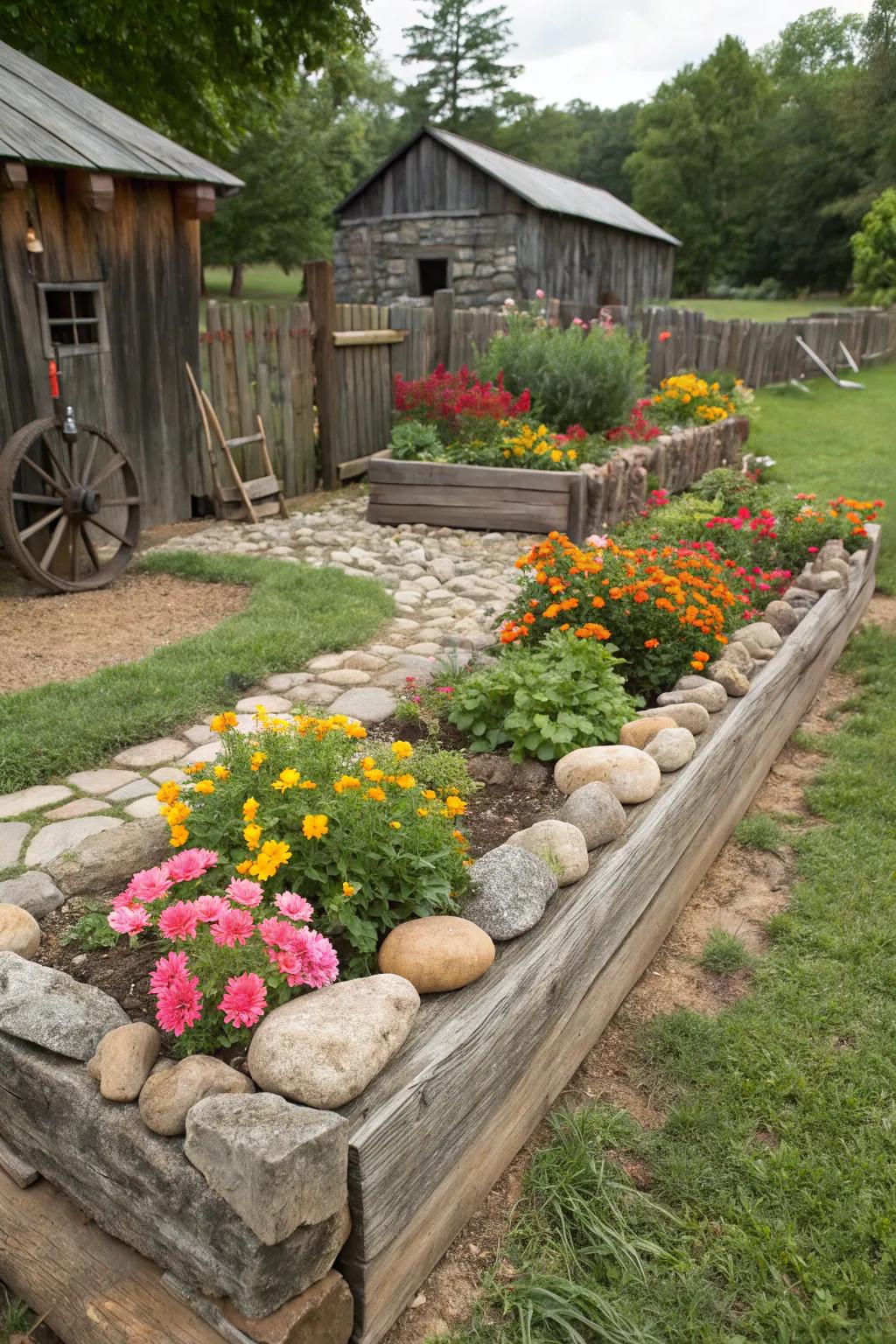 Natural stone and wood elements beautifully edge this flower bed, enhancing its rustic charm.