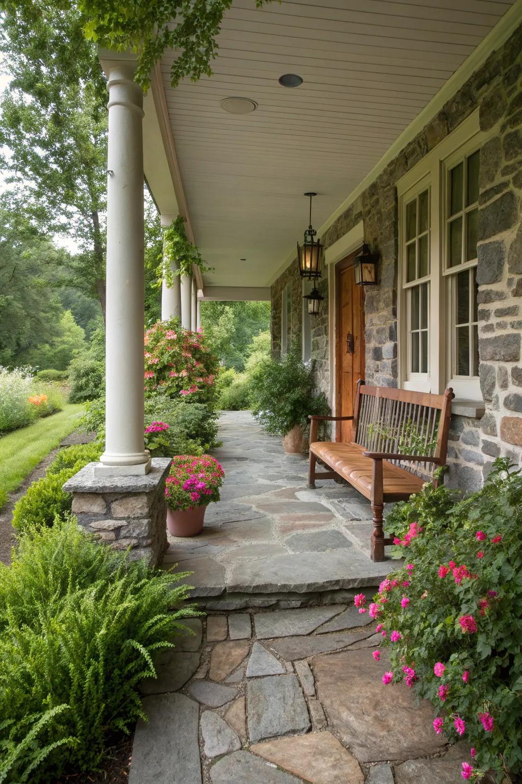 Landscaping integrates beautifully with stone columns for a cohesive look.