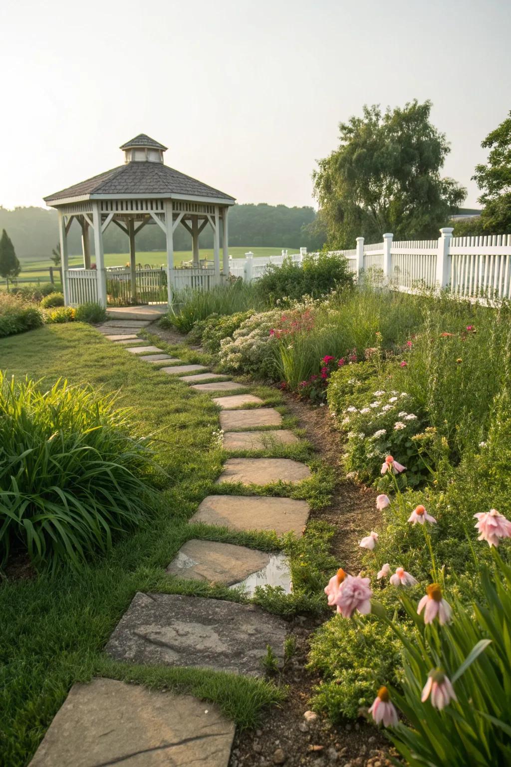 A quaint garden pathway invitingly leads to a farmhouse-style gazebo.
