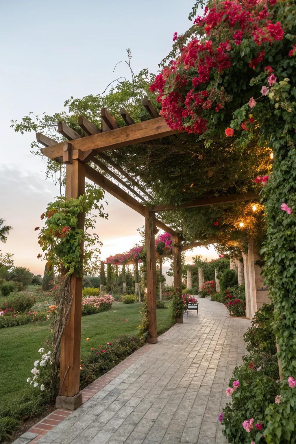 This pergola offers a natural and elegant shelter in the garden.