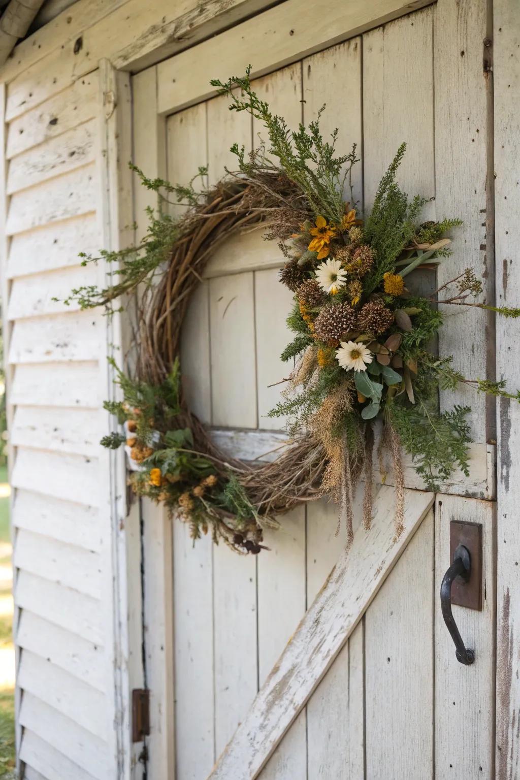 A wreath adds a welcoming touch to any farmhouse entrance.