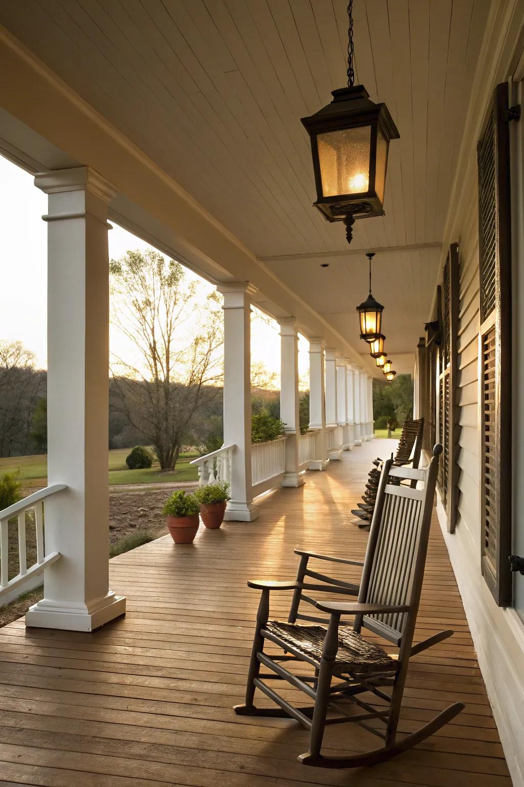 Symmetrical columns bring harmony to this charming farmhouse porch.