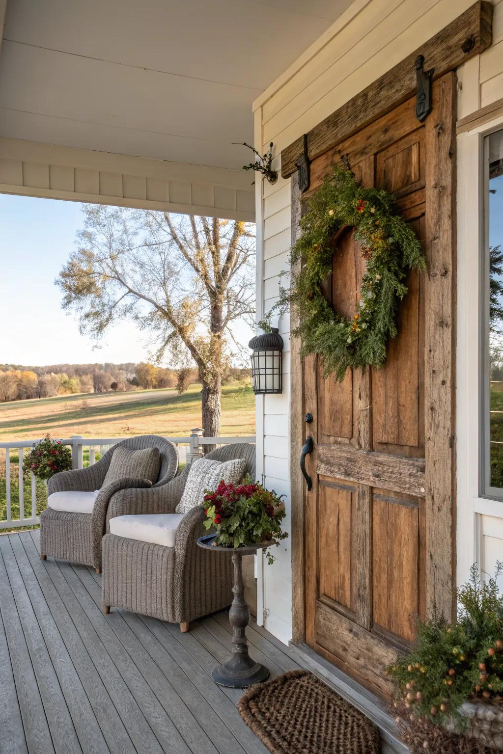 Seasonal wreaths add a welcoming touch to your farmhouse porch.