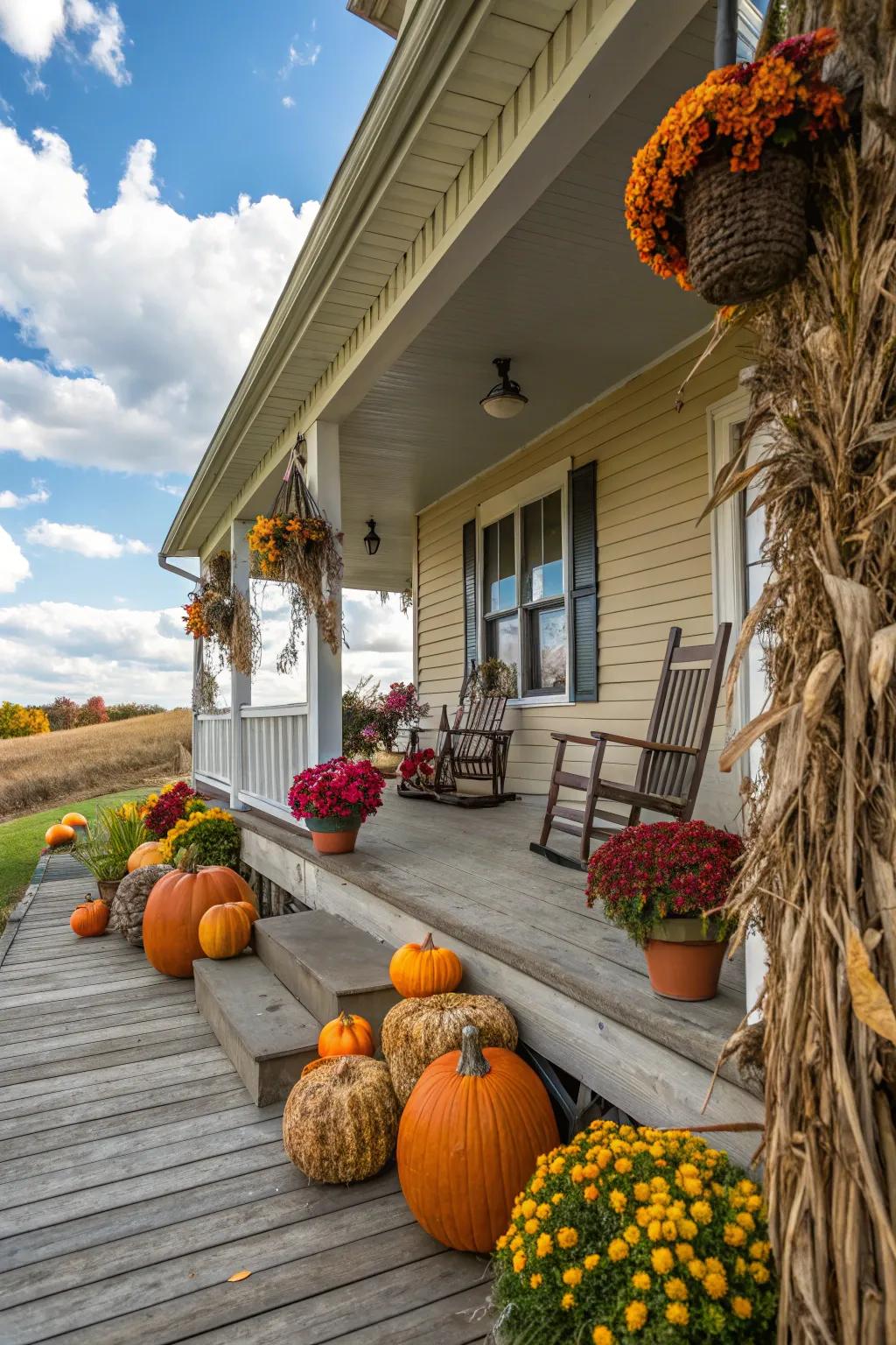 Seasonal decor with pumpkins on a farmhouse porch.