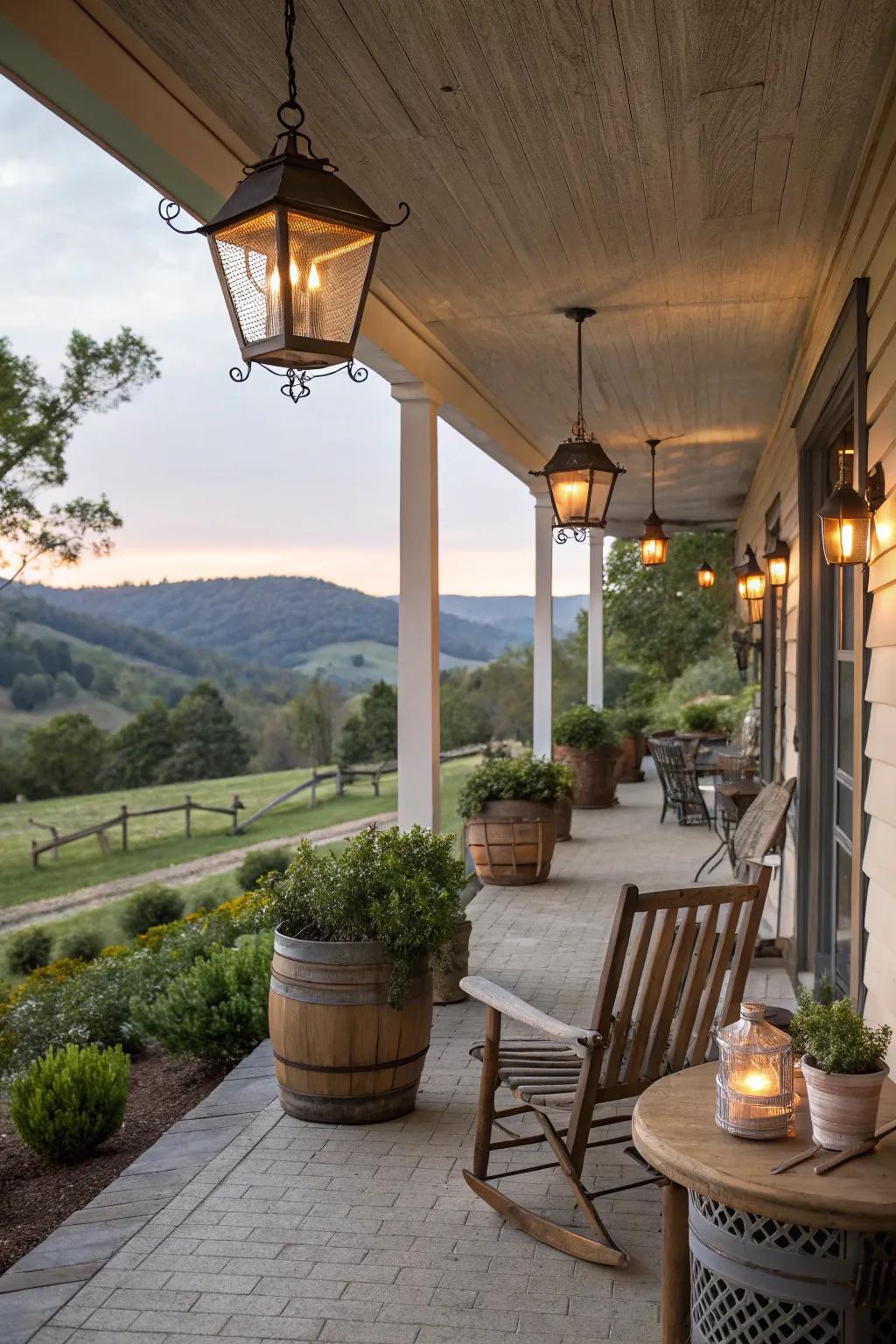 Rustic lanterns casting a warm glow over the porch.