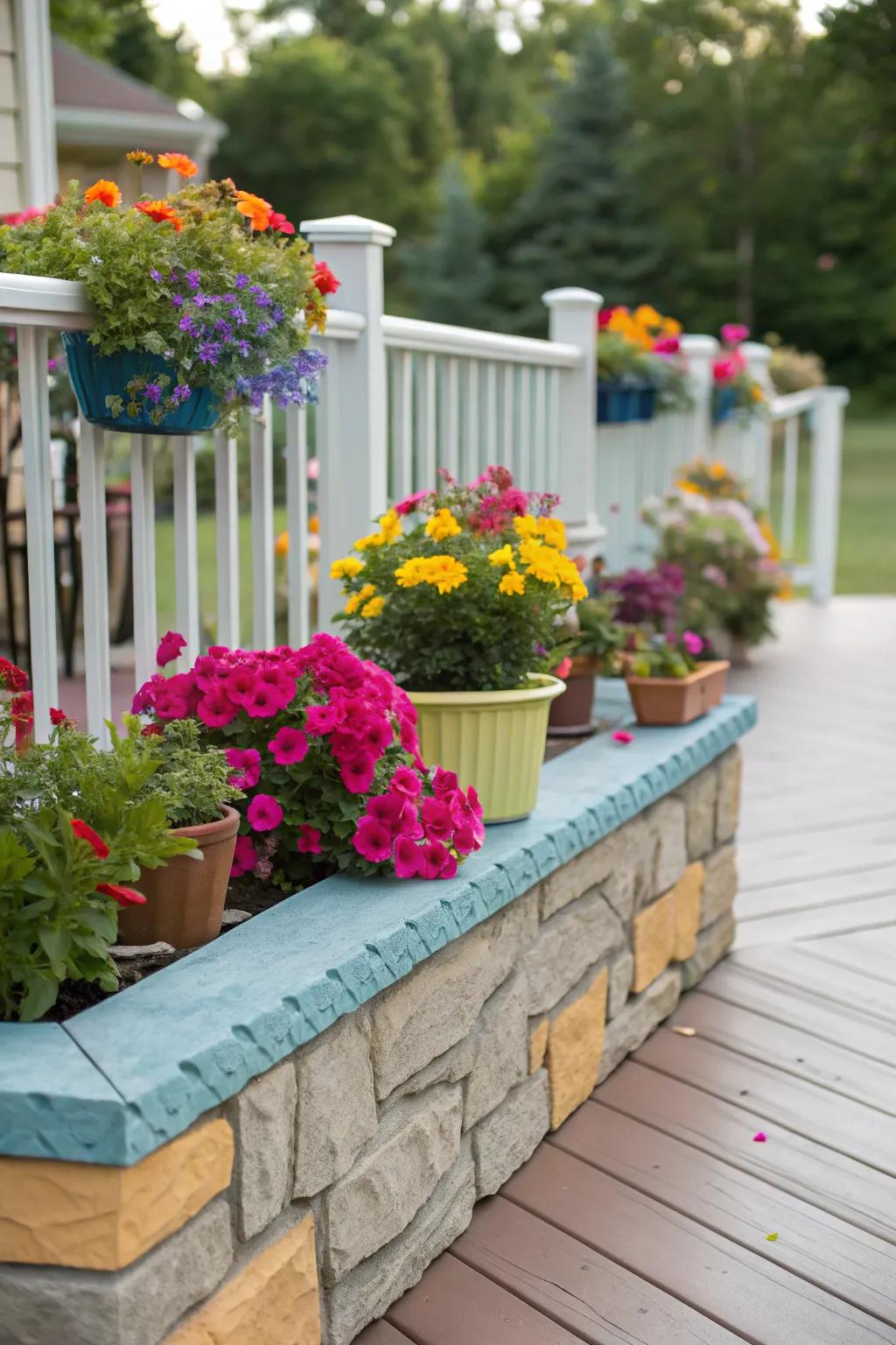 Painted stone skirting adds a lively splash of color to any deck.