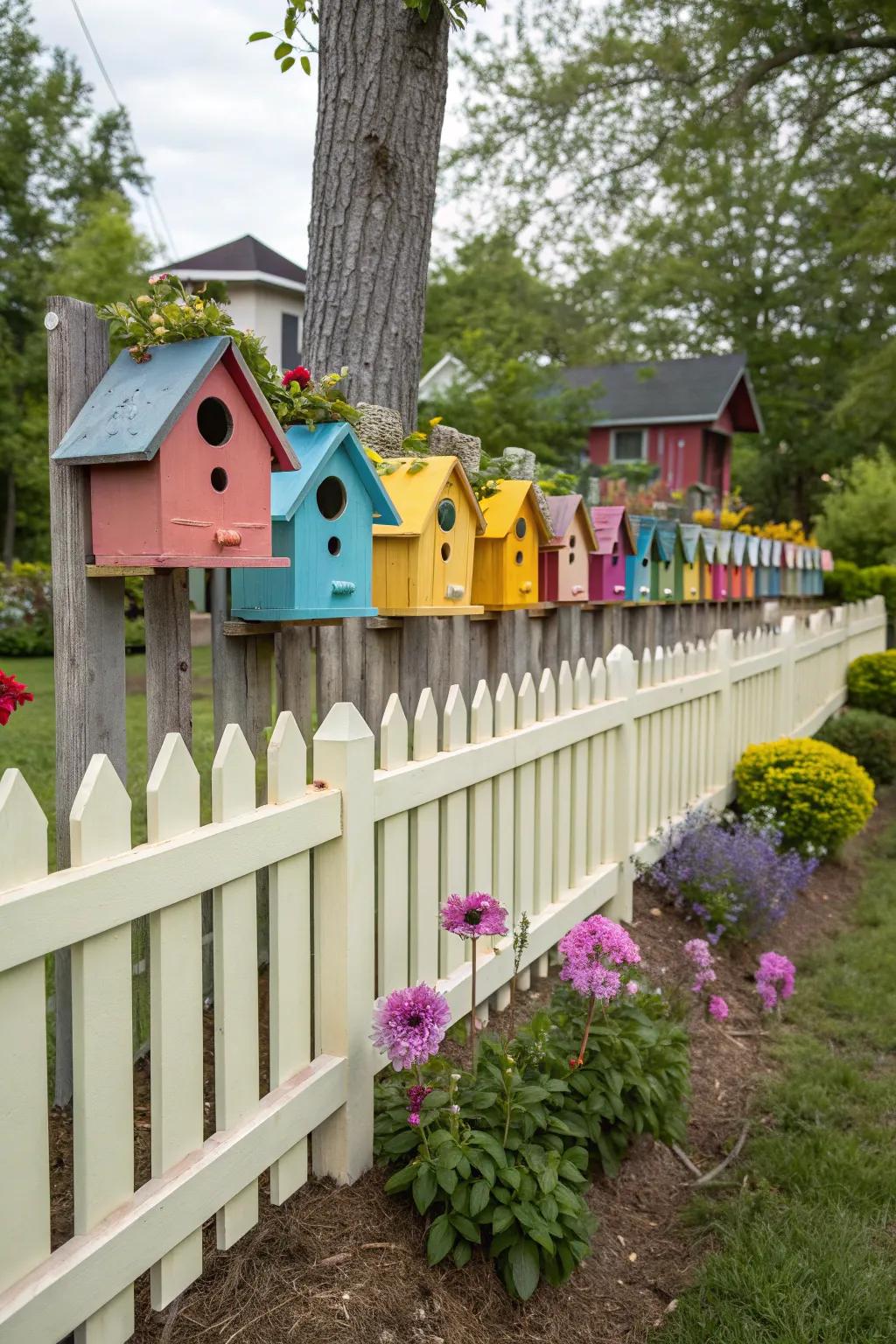A vibrant birdhouse village adds charm and life to this garden fence.