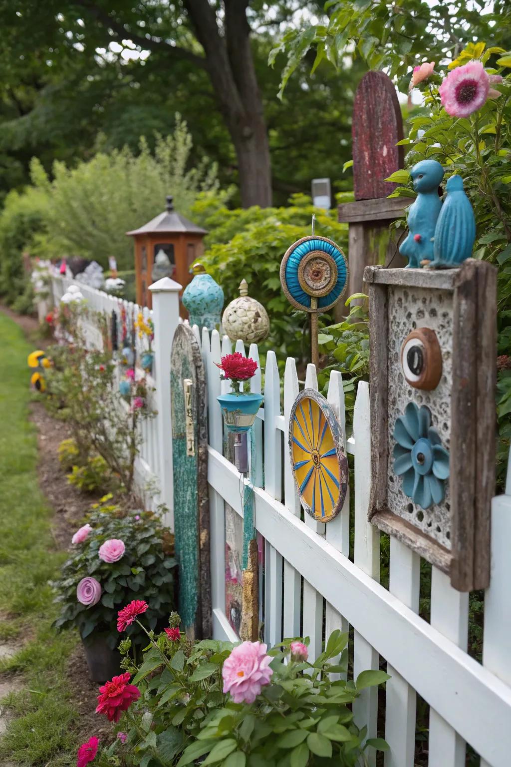 Art pieces turning a fence into a creative canvas.