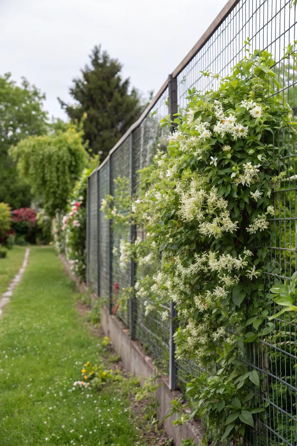 Industrial chic: metal mesh with climbing jasmine.
