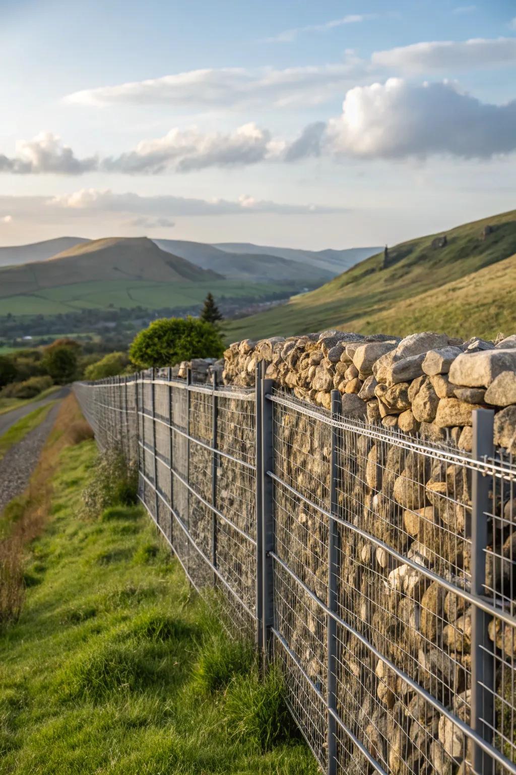 Gabion walls provide a rustic, industrial aesthetic.