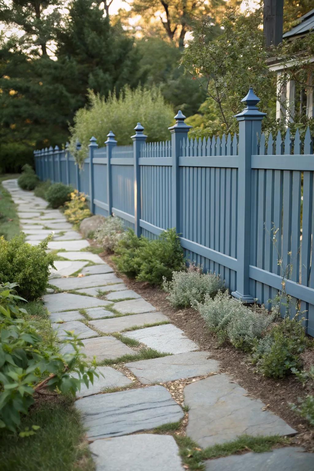 A slate blue stained fence adds a trendy touch to a garden with stone pathways.