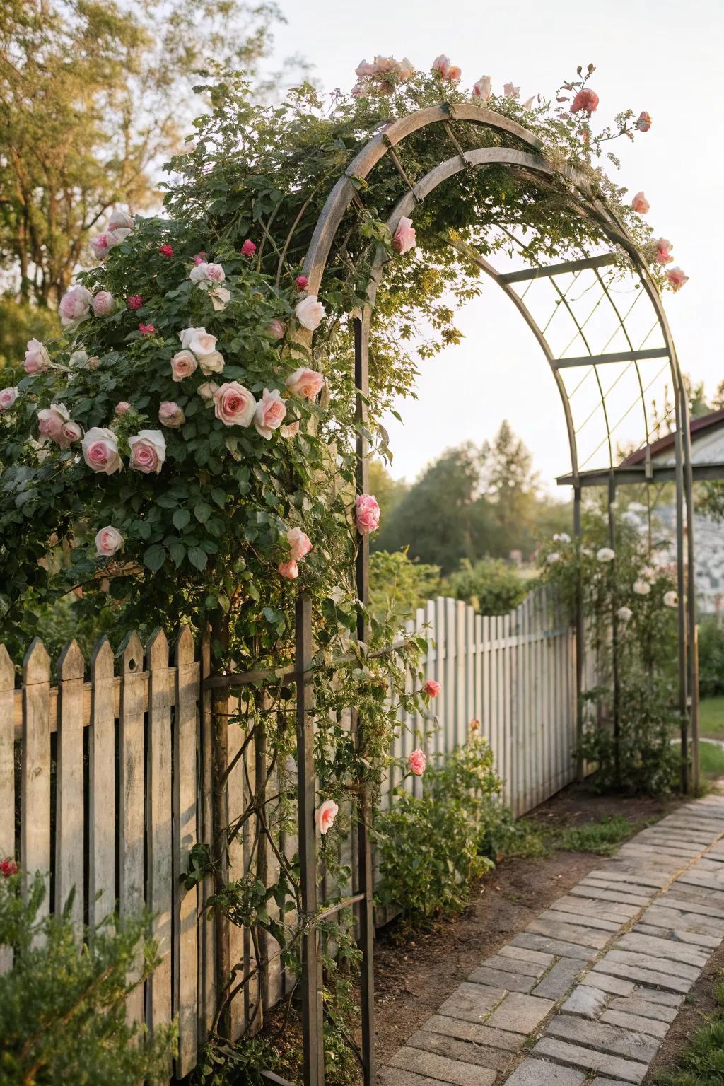 An arched trellis adds elegance and charm to any garden fence.