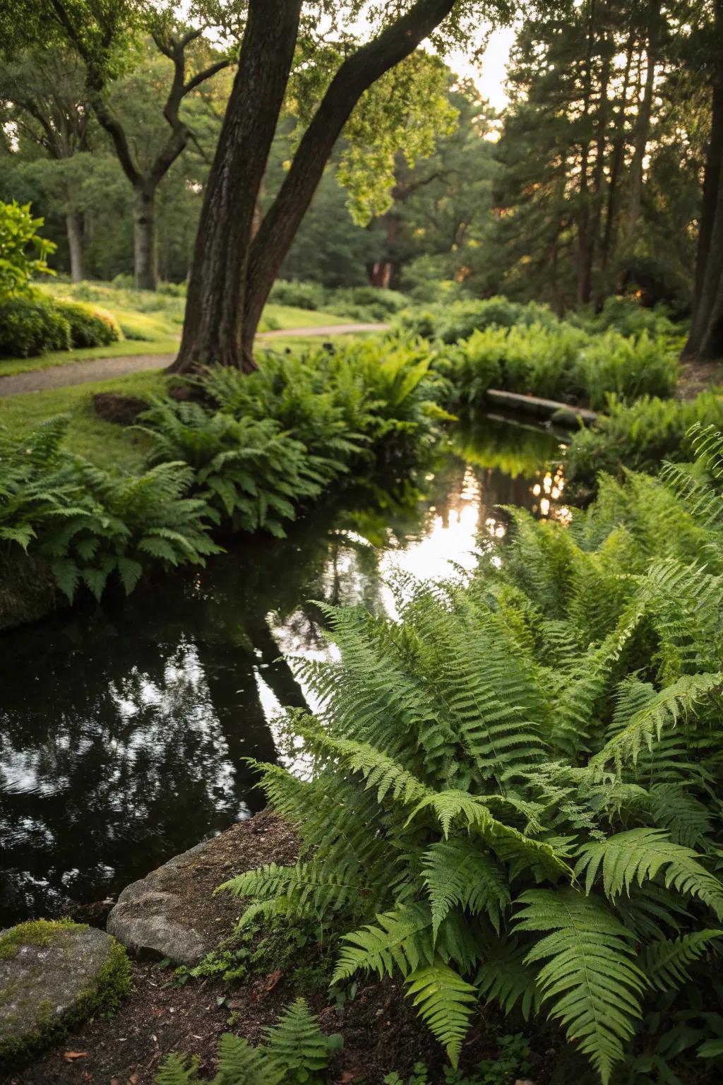 Ferns around a water feature create a tranquil garden setting.