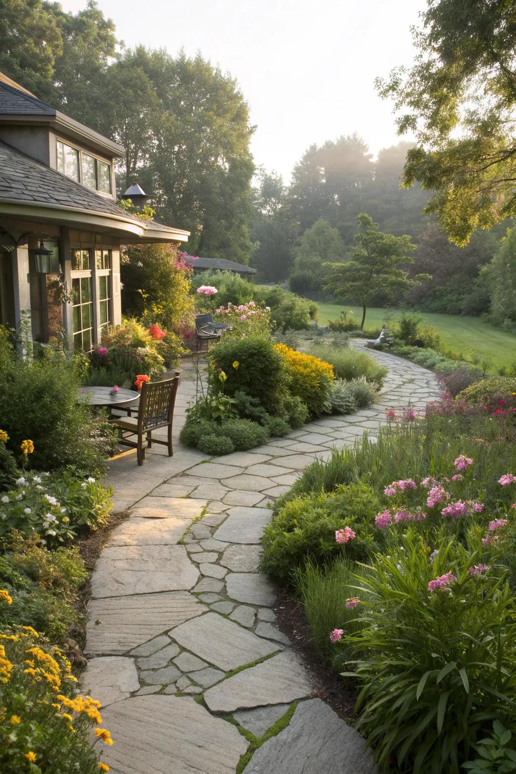 A natural stone walkway leading to your patio.