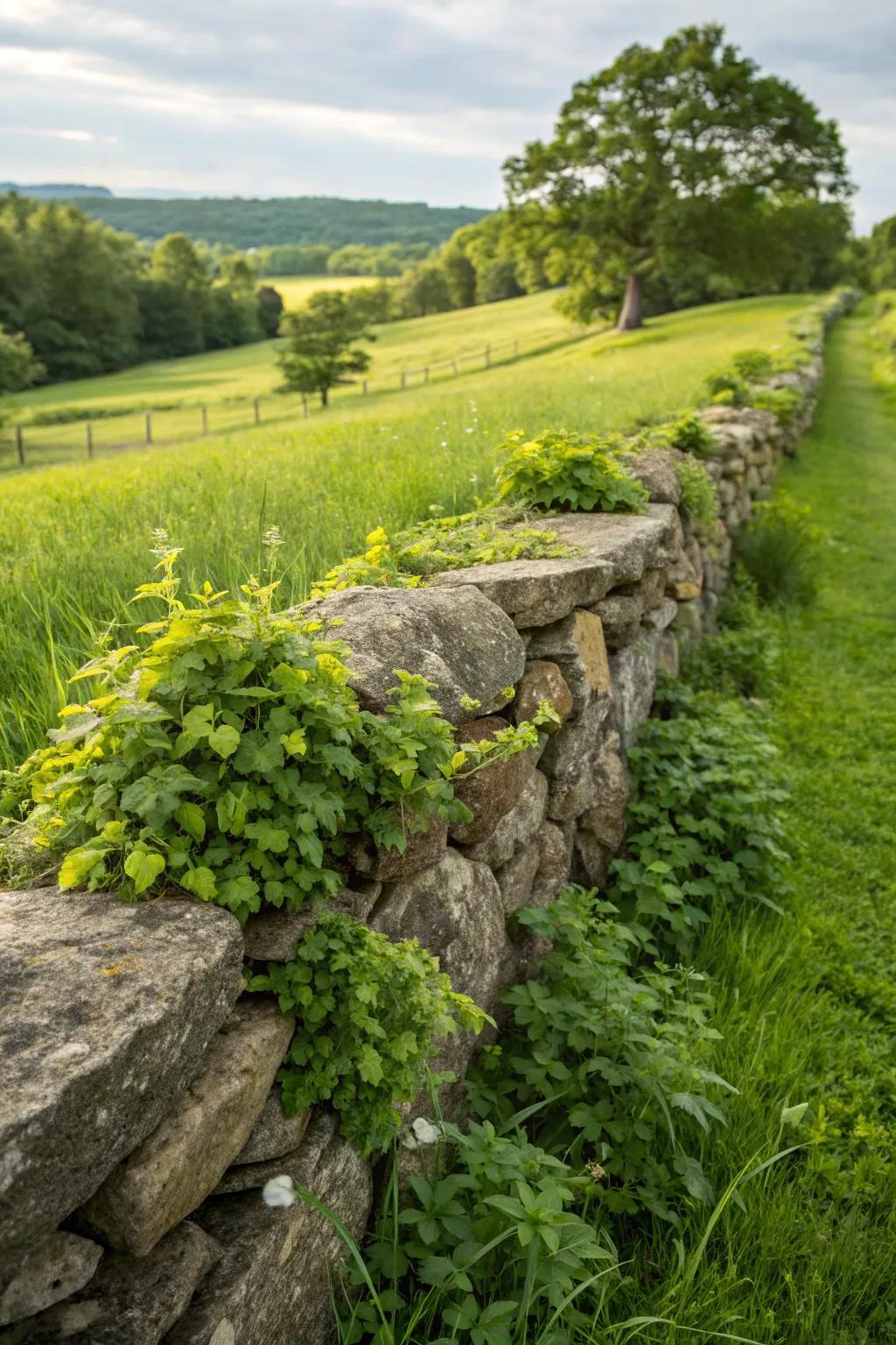 A lush vertical garden on stone walls.