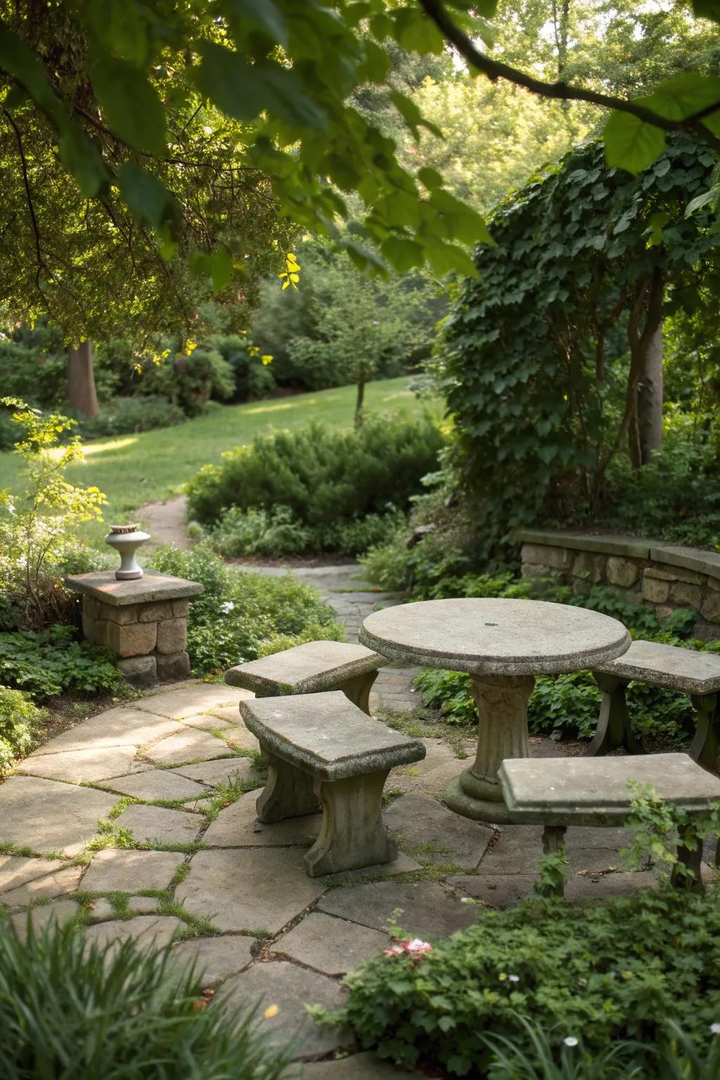 Fieldstone seating areas offer rustic charm and comfort.