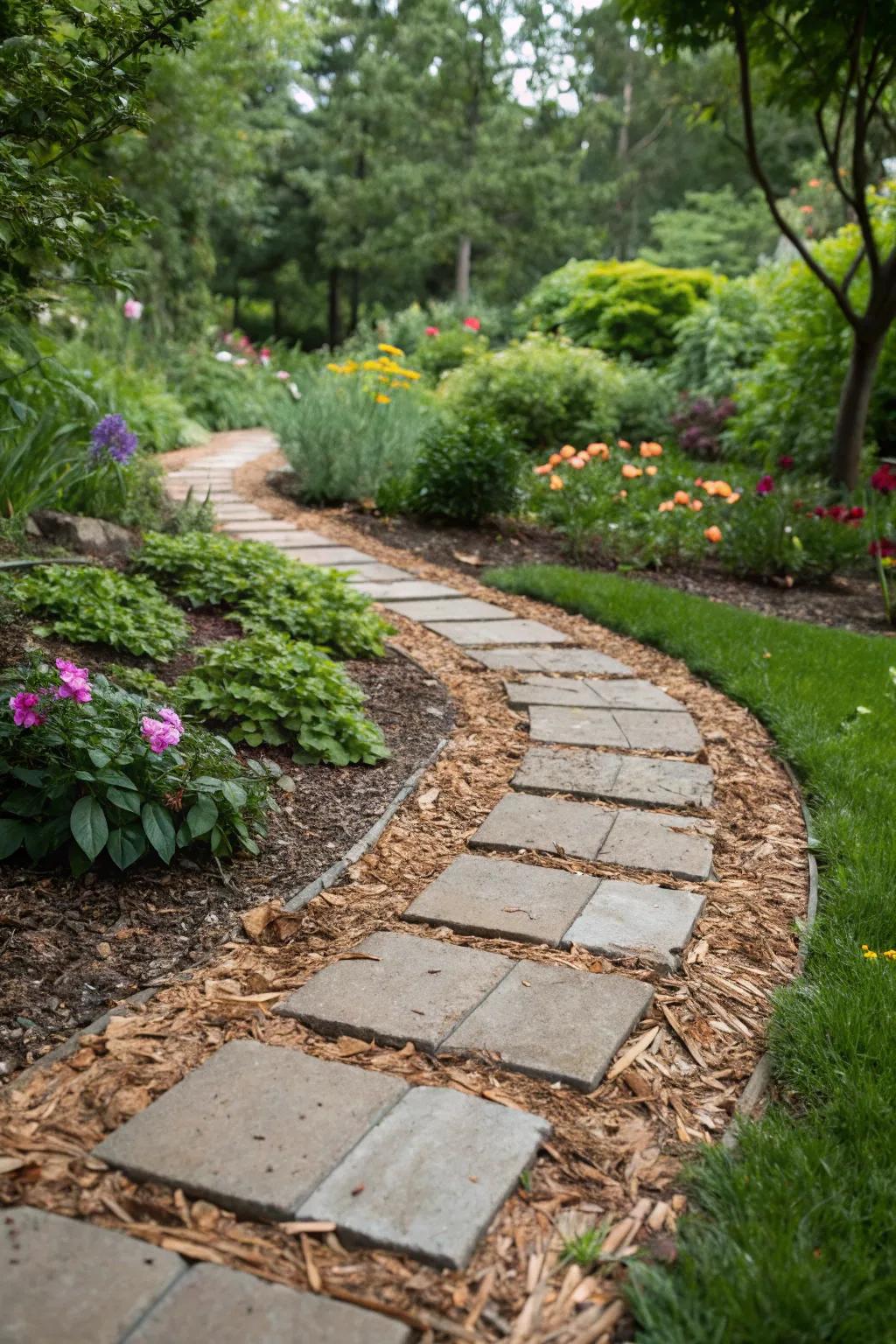 Bark chips introduce playful texture between pavers.