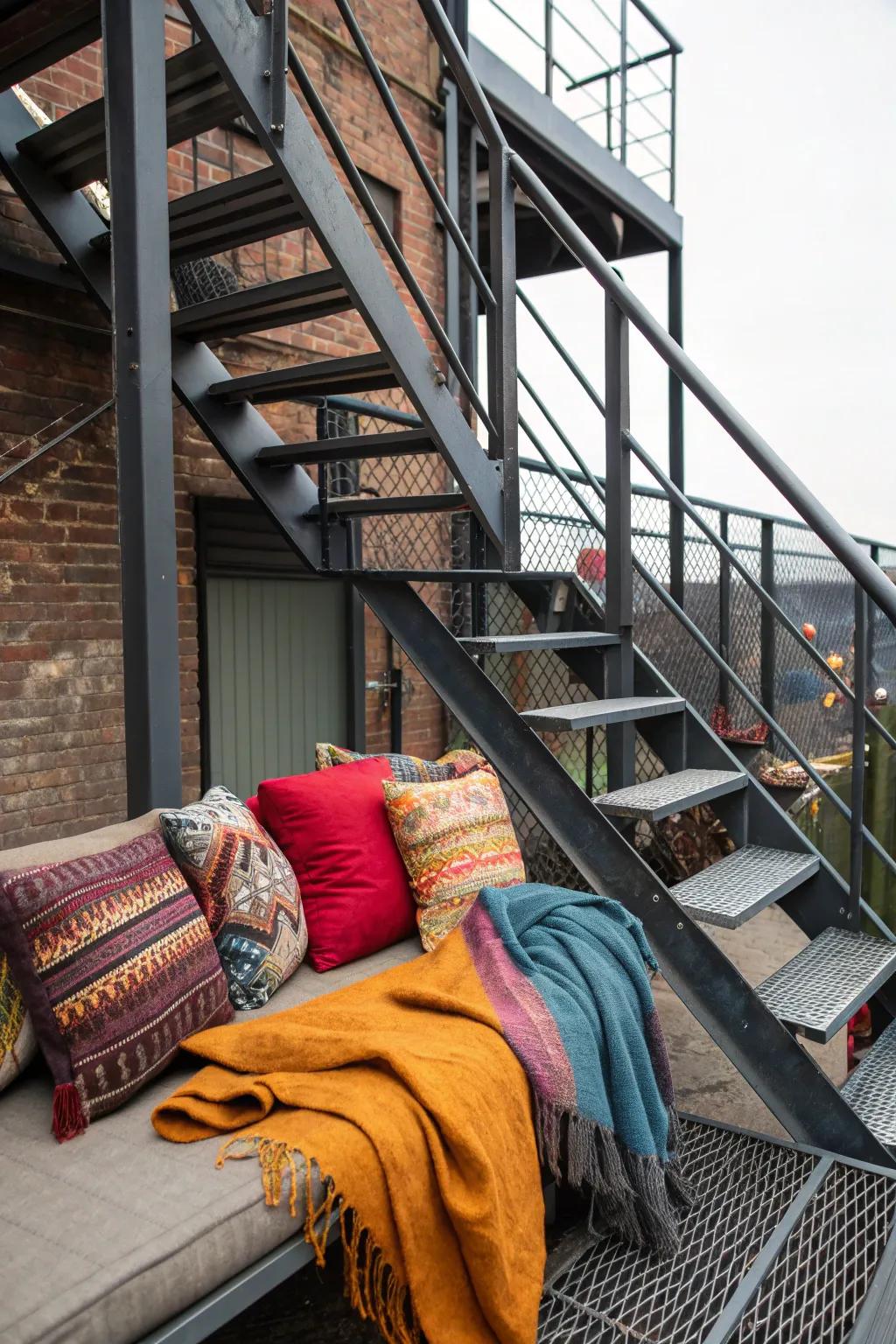 A vibrant seating area on a fire escape with colorful cushions and throws.