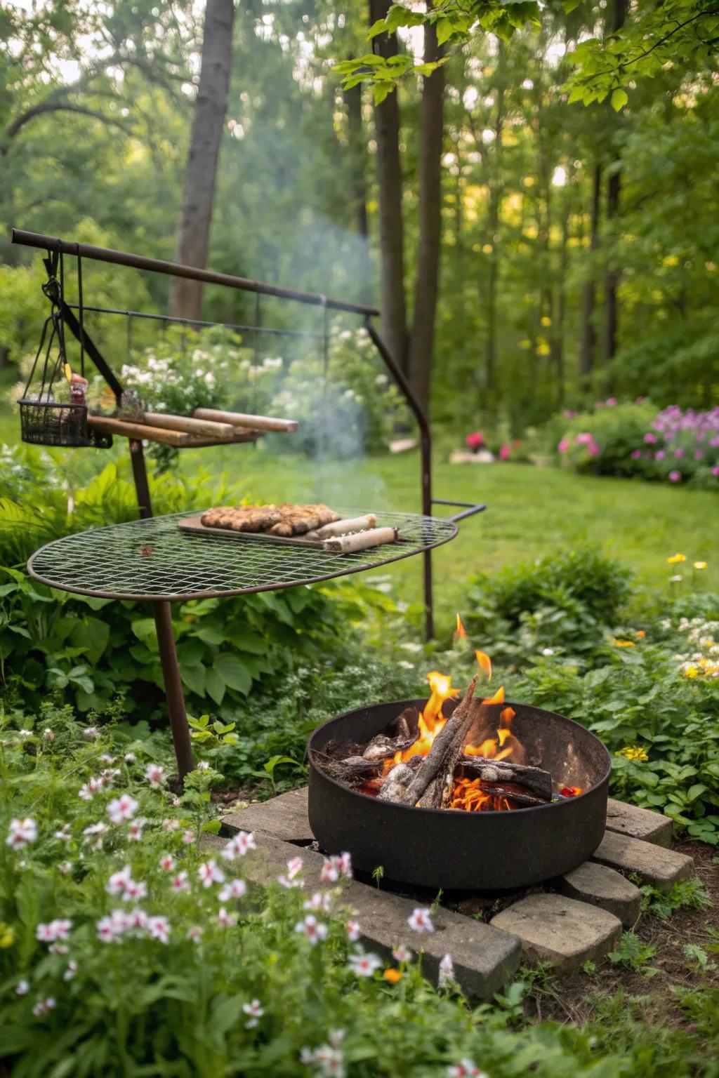 A portable fire pit for flexible outdoor cooking.