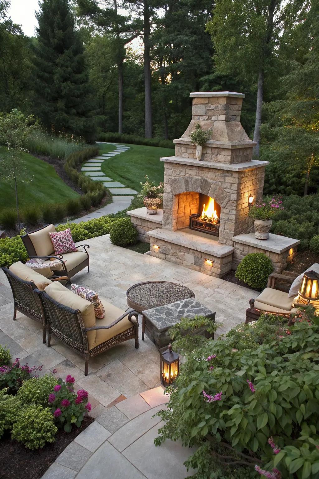 An elegant outdoor fireplace serving as a stunning garden focal point.