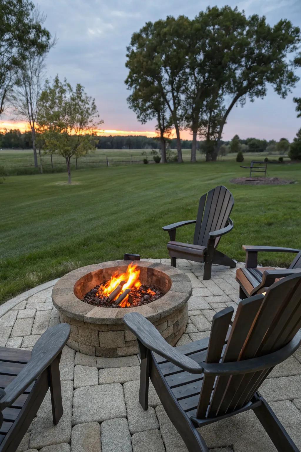 A cozy fire pit surrounded by classic Adirondack chairs.
