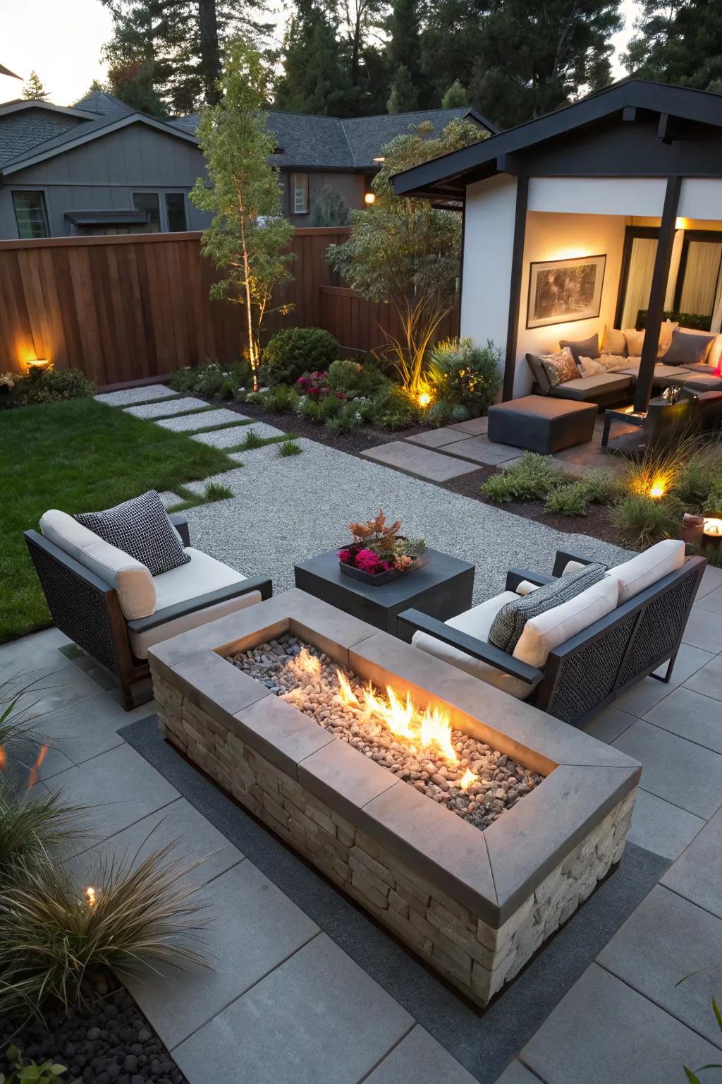 An elevated fire pit becomes the centerpiece of this modern outdoor space.