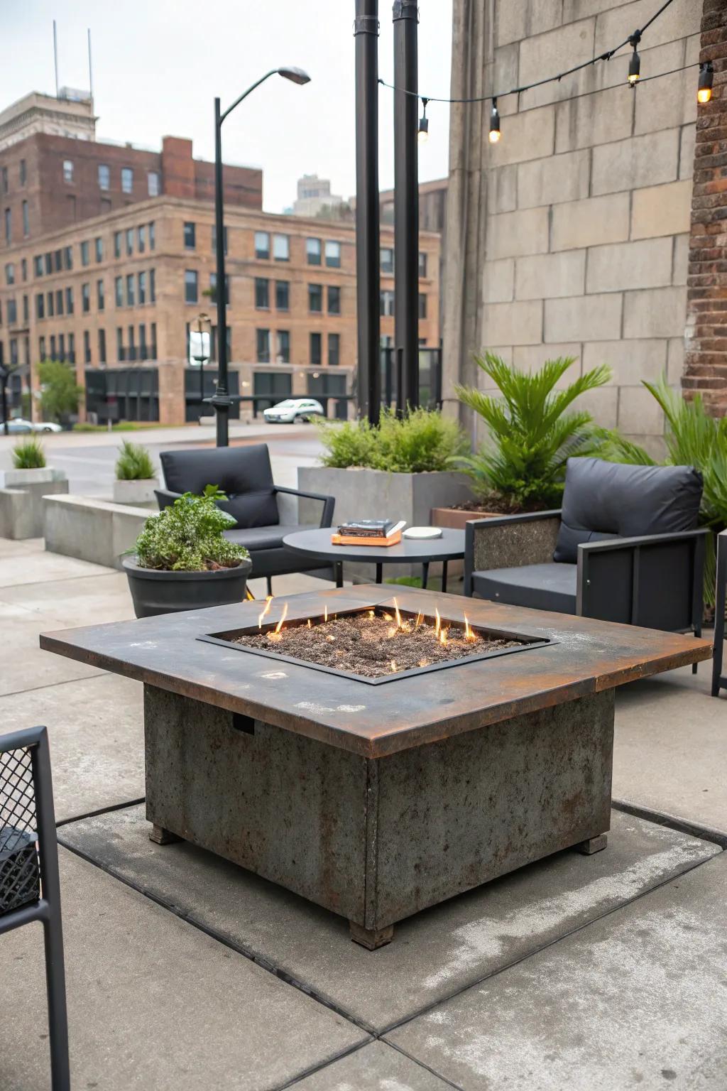 Add an industrial edge with a metal fire pit table.
