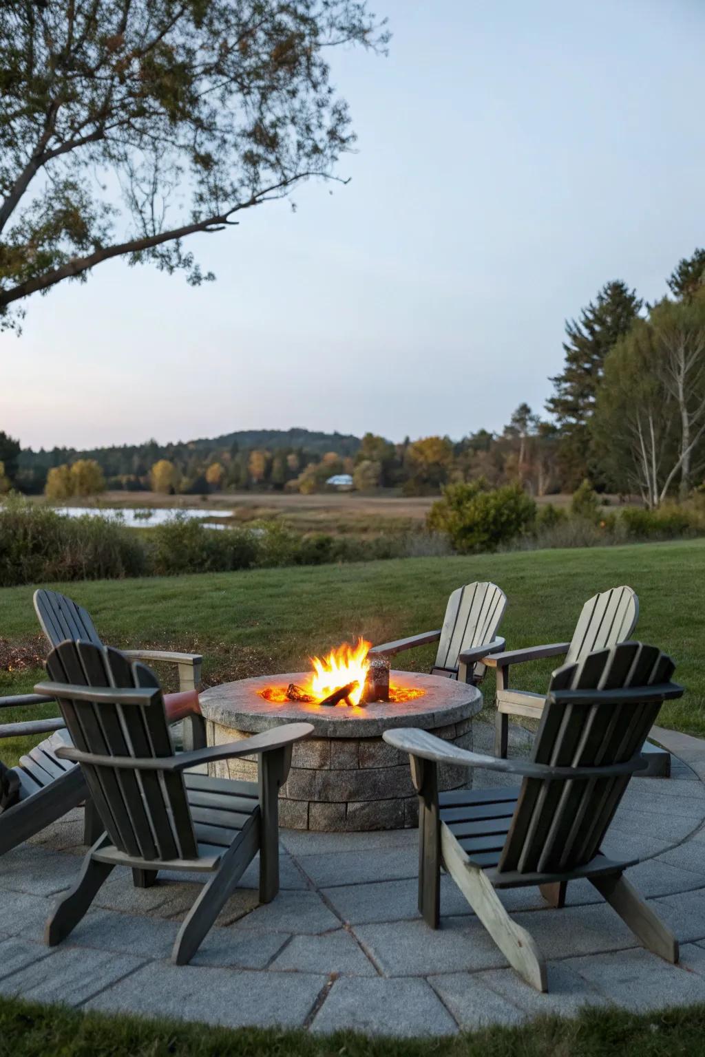 A cozy gathering spot with a fire table and Adirondack chair arrangement.