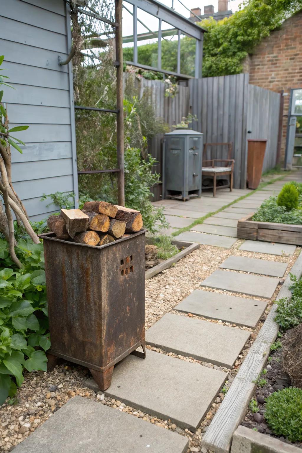 Recycled metal bin offers eco-friendly firewood storage.