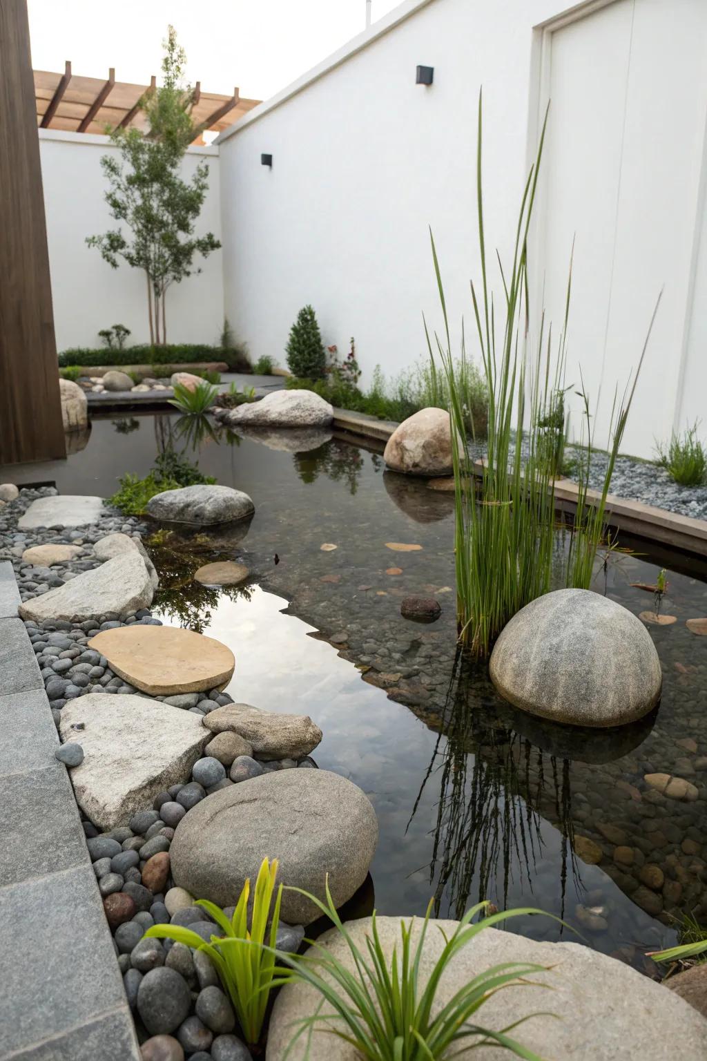 A Zen-style pond provides a peaceful retreat