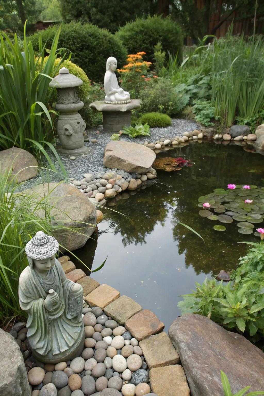 Decorative elements add charm and character to a fish pond.
