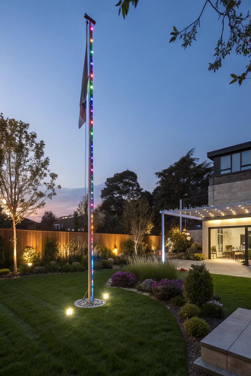 Colorful LED strips add a vibrant touch to flagpole lighting.