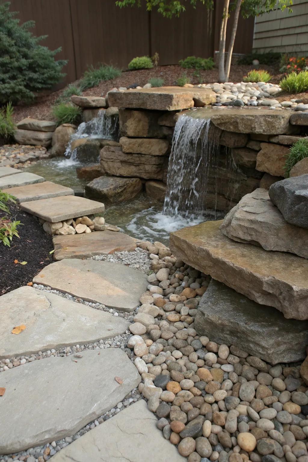 Flagstone waterfall surrounded by decorative pebbles for added texture.